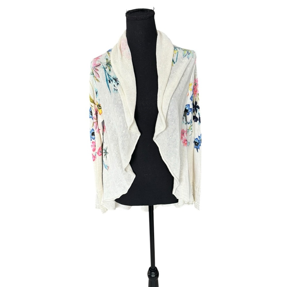 Knitted & Knotted Linen Blend Floral Cardigan Boho Coastal Cottagecore Small X11